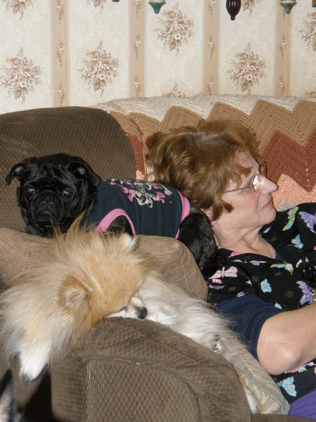 Misty and Dixie relaxing with Me Maw